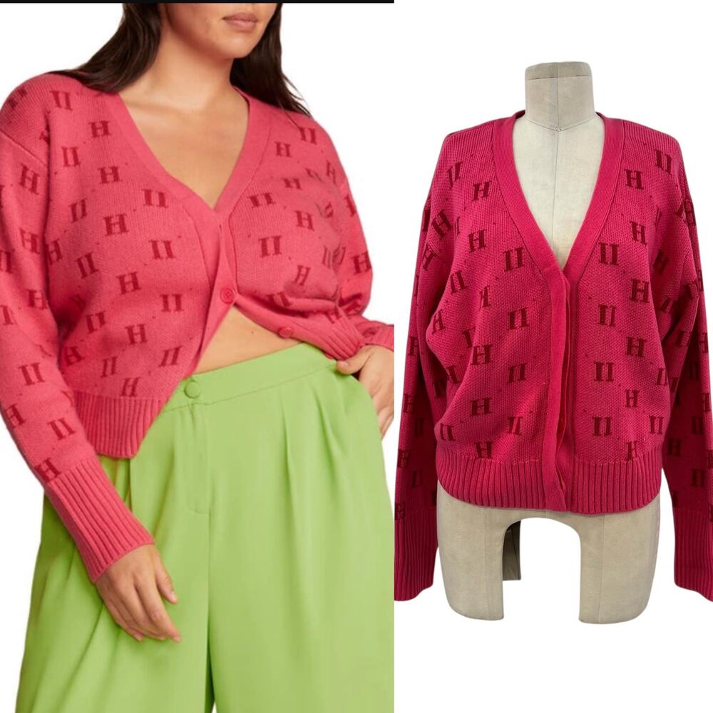 11 Honore Angie Cardigan Sweater 11h Monogram Print Pink Plus Size 1 14-16ā